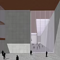 Modern Cultural Center With Red Facade Plaza People Trees And Pool
