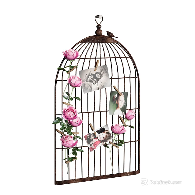 Birdcage Shaped Photo Display With Pink Roses And Hanging Pictures For Vintage Home Decor 3d model 