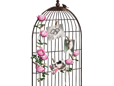 Birdcage Shaped Photo Display With Pink Roses And Hanging Pictures For Vintage Home Decor 3d model