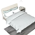 Modern Double Bed With Light Headboard Gray Striped Bedding Bedside Table Lamp And Rug 3d model