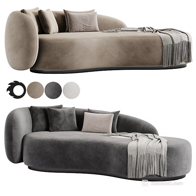 Modern Curved Sectional Sofa in Gray Beige Velvet with Pillows and Tasseled Throw Blanket 3d model 