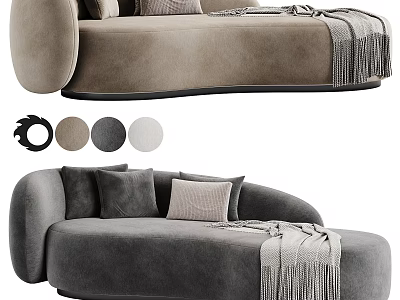 Modern Curved Sectional Sofa in Gray Beige Velvet with Pillows and Tasseled Throw Blanket 3d model