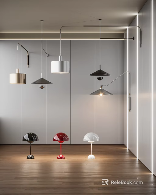 Modern Pendant And Table Lighting Fixture Combination With White Black Red Shades In Minimalist Interior 3d model 