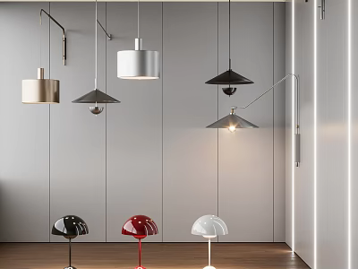 Modern Pendant And Table Lighting Fixture Combination With White Black Red Shades In Minimalist Interior 3d model