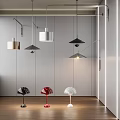 Modern Pendant And Table Lighting Fixture Combination With White Black Red Shades In Minimalist Interior