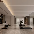 Modern Spacious Gym With Treadmill Rowing Machine And Wall Shelves 3d model