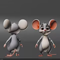 Animated Cartoon Mouse 3D Character Front Back View Large Ears Gray Body White Belly