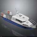 Modern White And Blue Motorboat With Railing Lifebuoy And Antenna On Deck