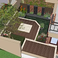 Modern Courtyard Garden Design With Brick Walls Wooden Deck Green Plants And Colorful Flowers