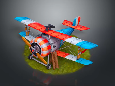 Vintage Blue Red Colored Biplane With Silver Propeller Ladder On Green Grass Toy Model 3d model