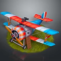 Vintage Blue Red Colored Biplane With Silver Propeller Ladder On Green Grass Toy Model