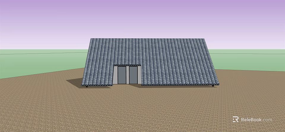 Gray Tiled Roof Building Structure With Two Front Doors On Brown Ground 3d model