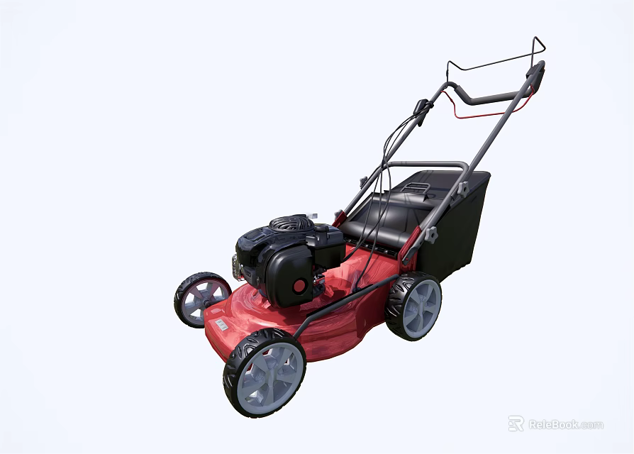 Red Lawn Mower With Black Engine Grass Collection Bag And Wheels 3d model 