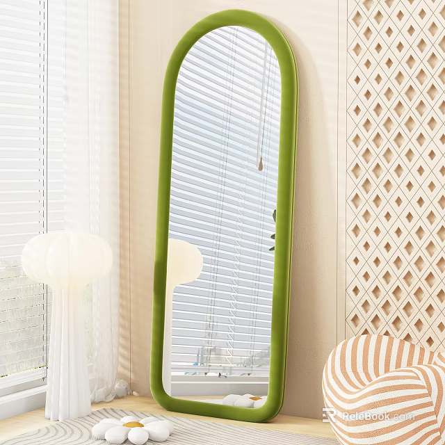 Stylish Chest of Drawers with Green Framed Tall Mirror White Lamp and Striped Sofa 3d model 