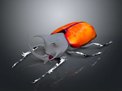 3D Rendered Beetle With Orange Red Body Gray Horned Head Slender Legs On Dark Background 3d model
