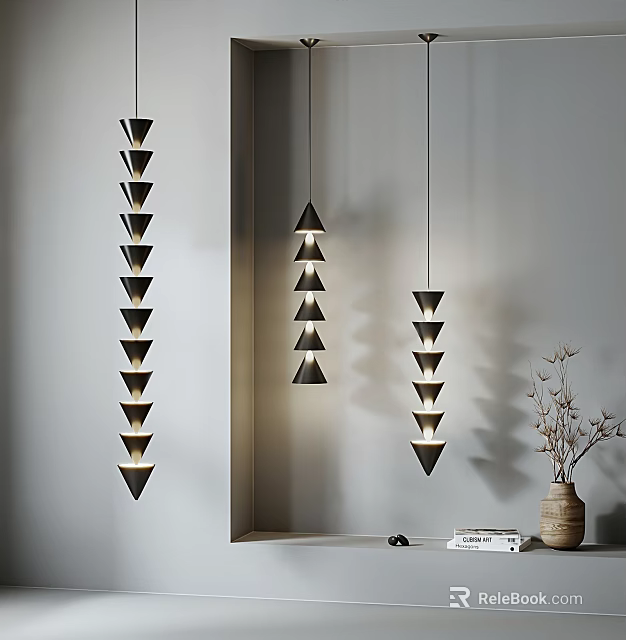 Modern Stacked Triangular Pendant Lights In Minimalist Interior Space 3d model