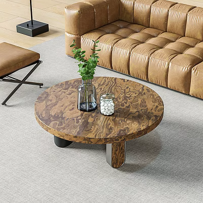 Round Wooden Coffee Table With Glass Vase Green Plant White Stone Jar And Brown Sofa 3d model