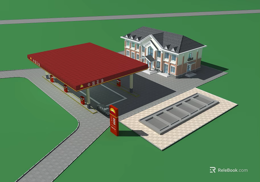 Gas Station Design Featuring Red Canopy Building And Fuel Pumps Layout 3d model 