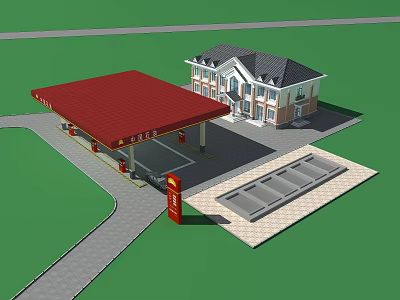 Gas Station Design Featuring Red Canopy Building And Fuel Pumps Layout 3d model