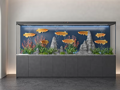 Large Aquarium With Yellow Fish Blue Background Rock Decorations And Aquatic Plants On Grey Cabinet 3d model