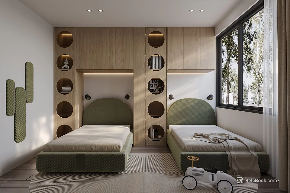 Bright Kids Room Interior With Twin Beds Green Headboards Wooden Storage Cabinets And Toy Tricycle 3d model 