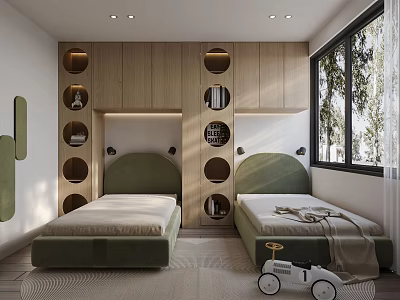 Bright Kids Room Interior With Twin Beds Green Headboards Wooden Storage Cabinets And Toy Tricycle 3d model