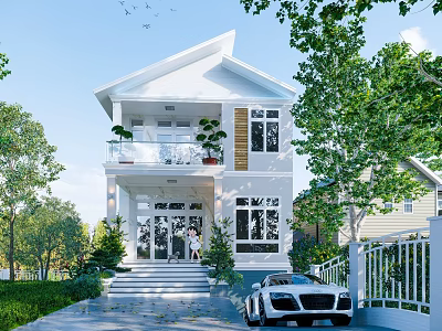 Modern Detached Villa Exterior with White Facade Balcony Large Windows and Landscaped Garden 3d model