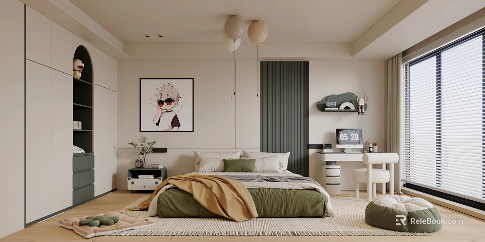 Modern Bedroom Interior Design With Green Bedding Decorative Painting Pendant Lights And Soft Rug 3d model 
