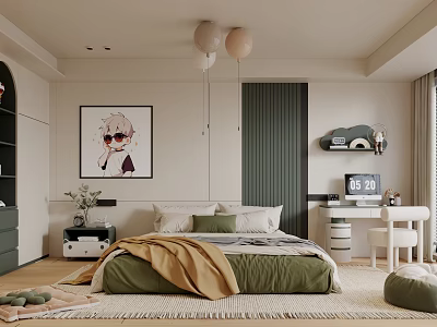 Modern Bedroom Interior Design With Green Bedding Decorative Painting Pendant Lights And Soft Rug 3d model