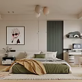 Modern Bedroom Interior Design With Green Bedding Decorative Painting Pendant Lights And Soft Rug