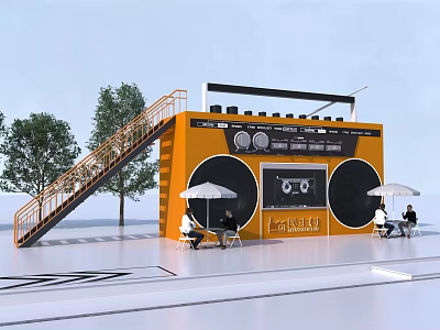 Yellow Radio Shaped Container Building With Staircase Trees And Seated People Under White Umbrellas 3d model