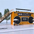 Yellow Radio Shaped Container Building With Staircase Trees And Seated People Under White Umbrellas