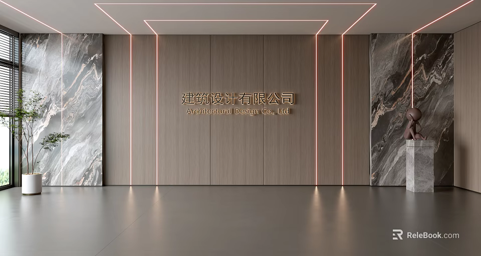 Modern Background Wall Design With Wooden Panels Marble Sides Golden Text And Linear Lighting 3d model 