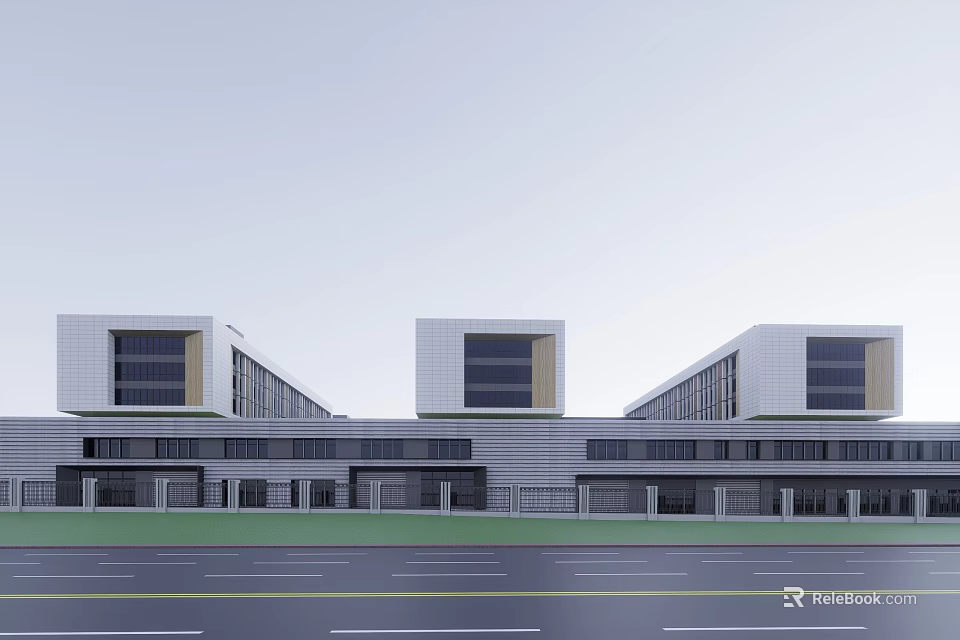Modern School Building with Rectangular Blocks Grey Exterior Large Glass Windows Front Road Green Belt 3d model 