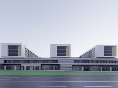 Modern School Building with Rectangular Blocks Grey Exterior Large Glass Windows Front Road Green Belt 3d model