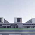 Modern School Building with Rectangular Blocks Grey Exterior Large Glass Windows Front Road Green Belt