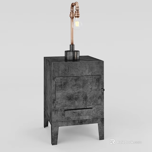 Industrial Gray Wooden Nightstand With Minimalist Table Lamp And Drawer Design 3d model 