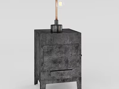 Industrial Gray Wooden Nightstand With Minimalist Table Lamp And Drawer Design 3d model