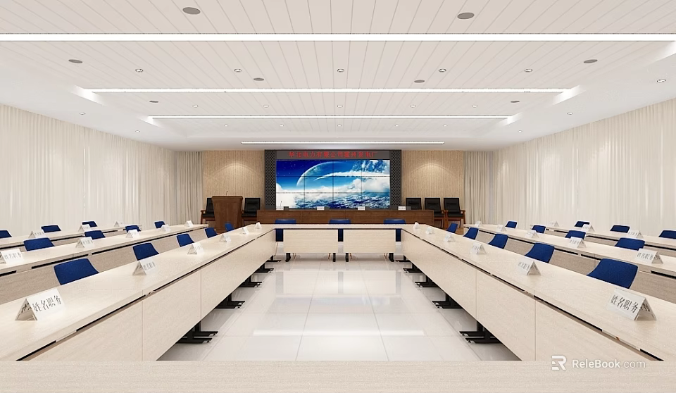 Modern Conference Room Interior With Large Screen Long Tables Blue Chairs And White Ceiling 3d model 