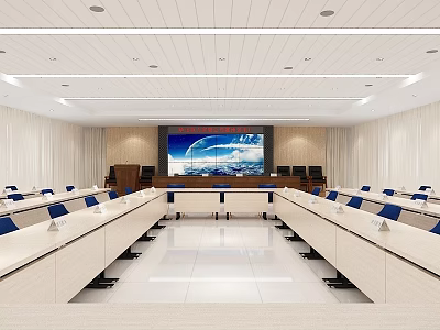 Modern Conference Room Interior With Large Screen Long Tables Blue Chairs And White Ceiling 3d model