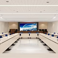 Modern Conference Room Interior With Large Screen Long Tables Blue Chairs And White Ceiling