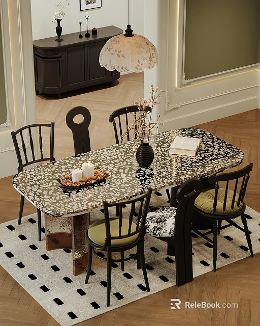 Elegant Dining Table Set with Patterned Tabletop Wooden Chairs and Decorative Vase Books Candles 3d model 