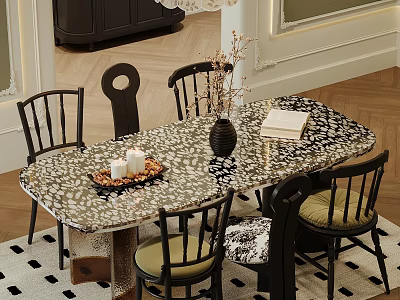 Elegant Dining Table Set with Patterned Tabletop Wooden Chairs and Decorative Vase Books Candles 3d model