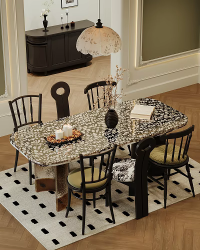 Elegant Dining Table Set with Patterned Tabletop Wooden Chairs and Decorative Vase Books Candles 3d model