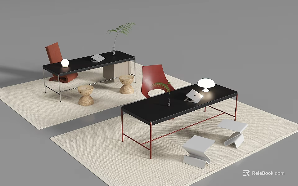 Black Office Desks With Table Lamp Laptop Red Chairs Green Plant And Beige Rug Decoration 3d model 