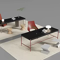 Black Office Desks With Table Lamp Laptop Red Chairs Green Plant And Beige Rug Decoration