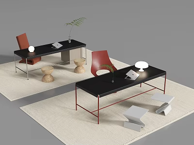 Black Office Desks With Table Lamp Laptop Red Chairs Green Plant And Beige Rug Decoration 3d model