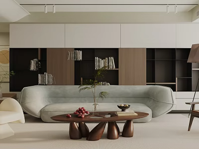 Minimalist Living Room Interior With Curved Sofa Wooden Coffee Table And Decorative Bookshelves 3d model