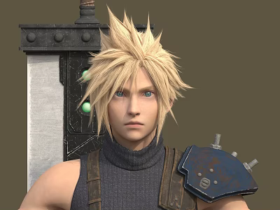 Blonde Spiky Haired Character With Giant Sword And Blue Shoulder Armor 3d model