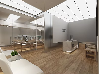 Modern Reception Area With Front Desk Wooden Flooring Glass Partitions White Seating And Ceiling Lights 3d model